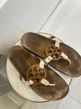 Tory Burch Tan and Beige Logo Thong Sandals
